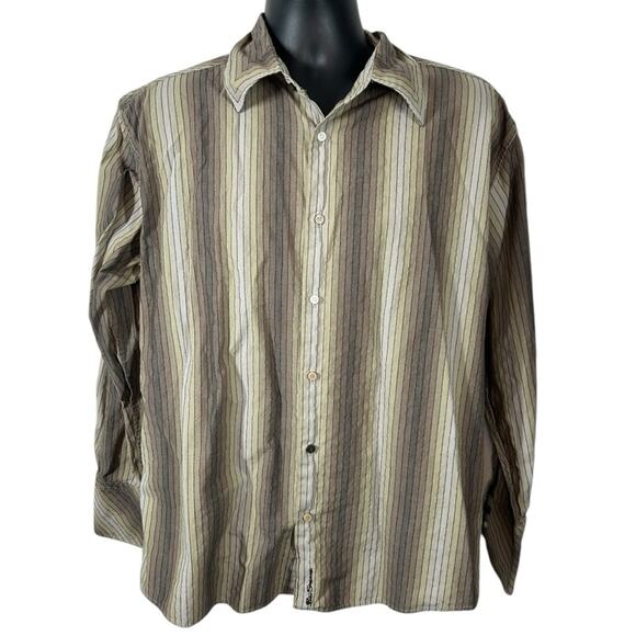 Ben Sherman Textured Button Front Dress Shirt Retro Vibe Brown Stripes Size XL - Picture 2 of 12